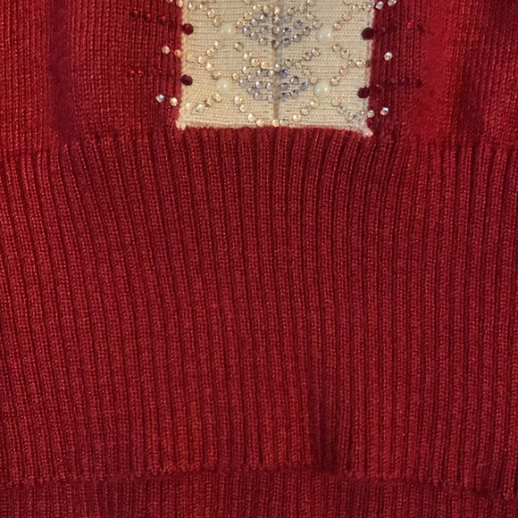 Red Merino Wool Sweater w/ Cream Rhinestone Knit Collar/Lining Sz L/XL - Picture 5 of 8